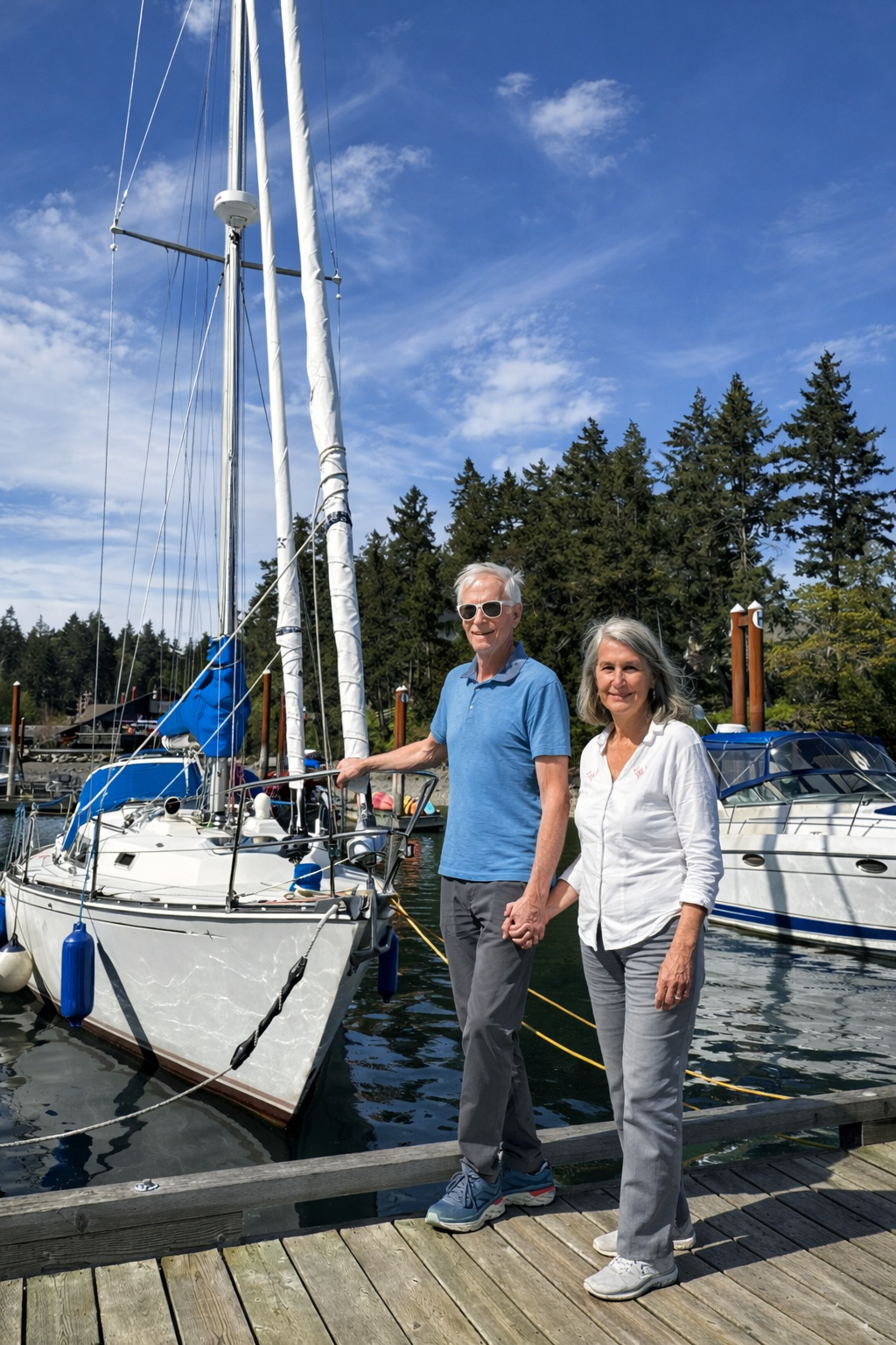 A couple on the dock beside Petronella on a sunny day