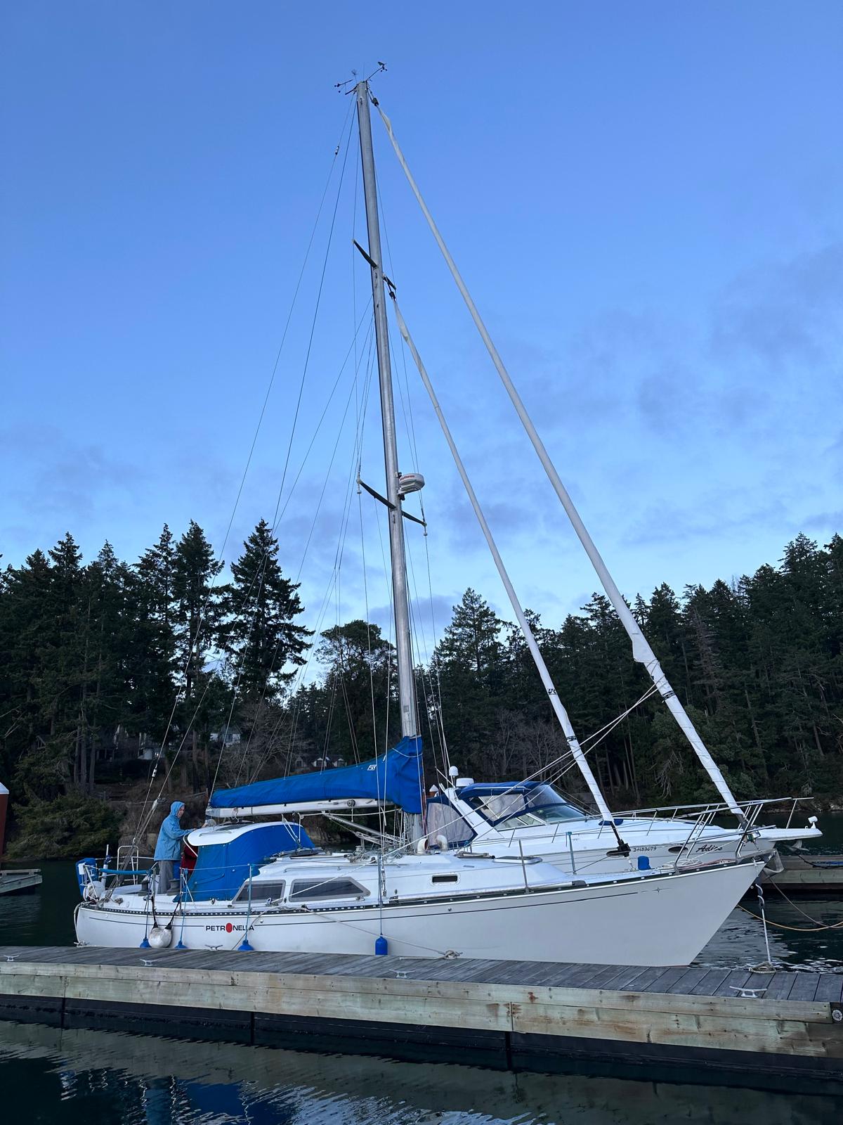 Petronella at the marina, with her white hull, blue canvas and tall mast